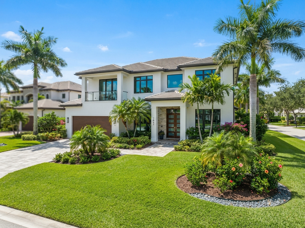 Attractive modern Florida-style single-family home with a clean exterior and manicured lawn
