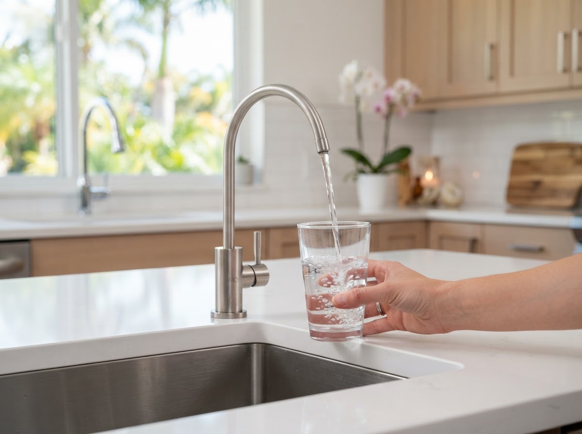 Dedicated reverse osmosis drinking-water faucet on a modern residential kitchen sink