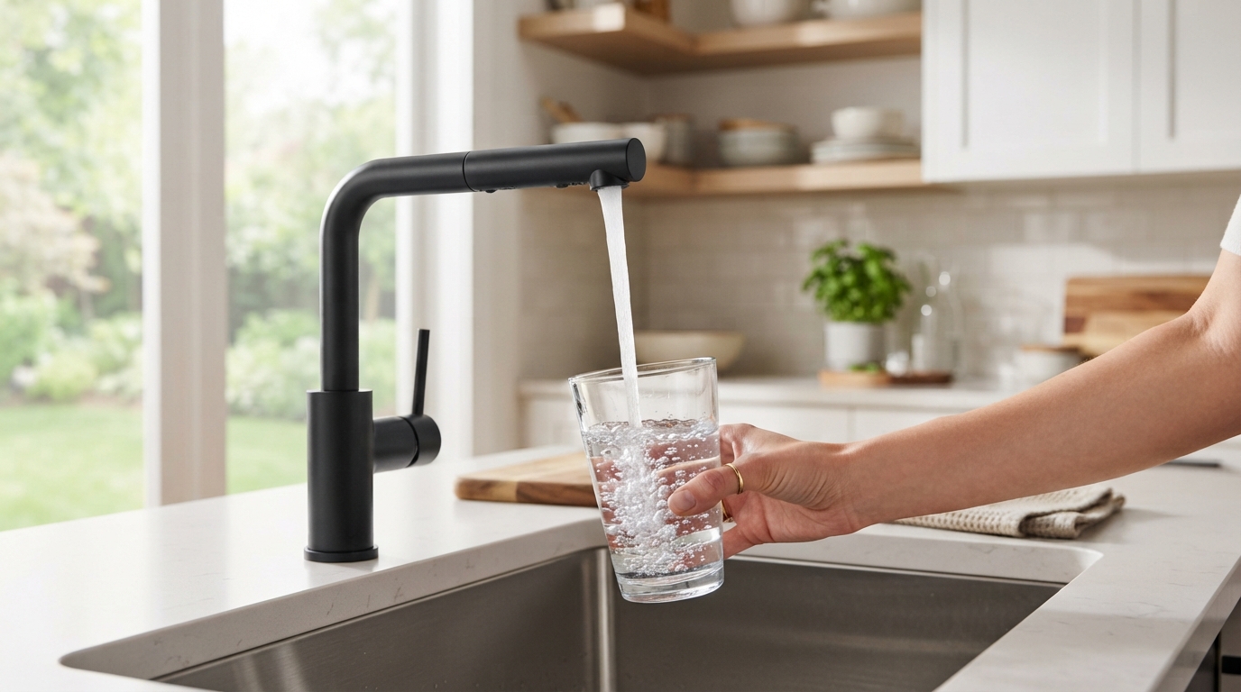 Clean modern kitchen with clear fresh water flowing from faucet