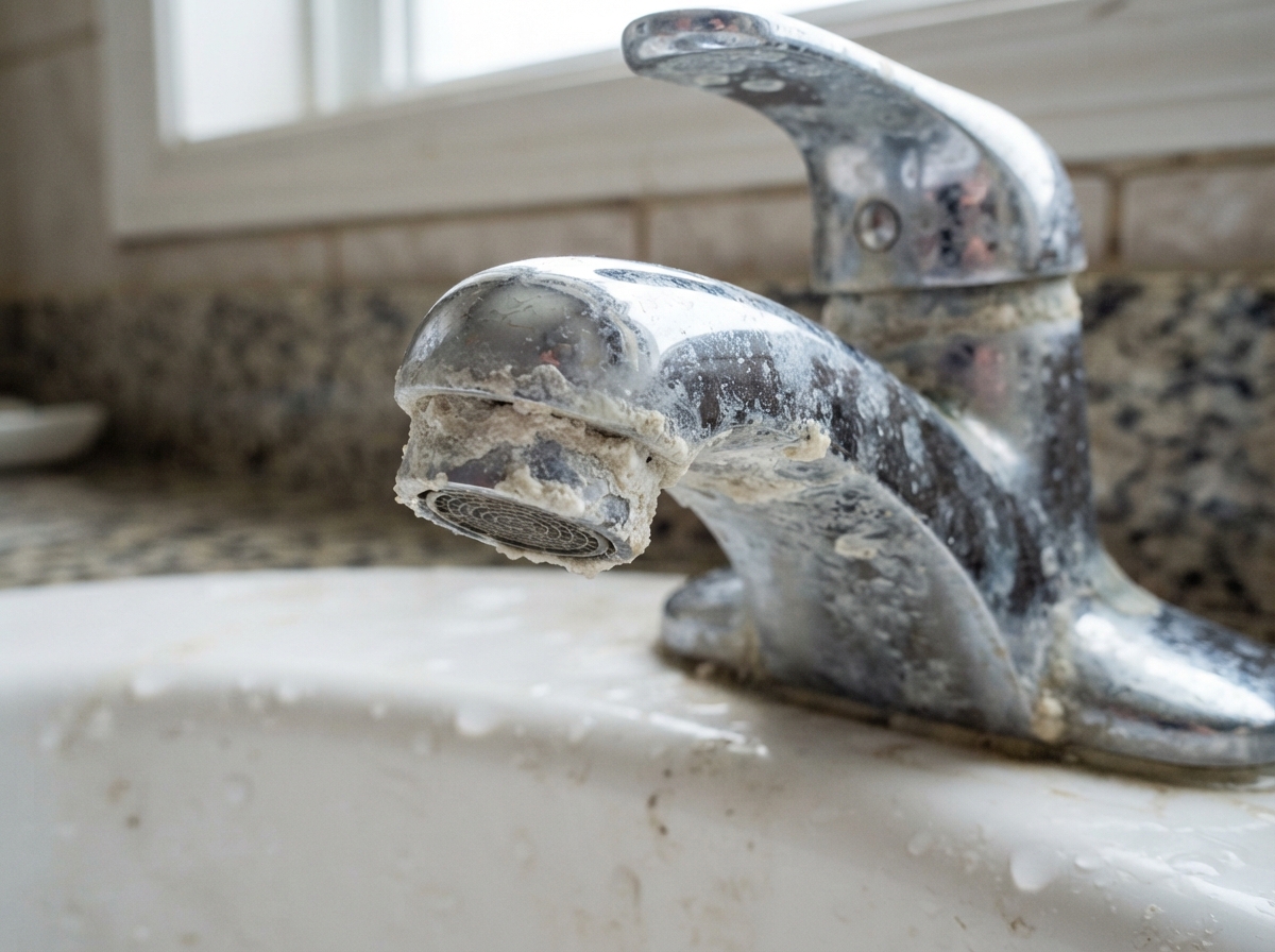 Mineral scale buildup on a chrome bathroom faucet showing hard water residue