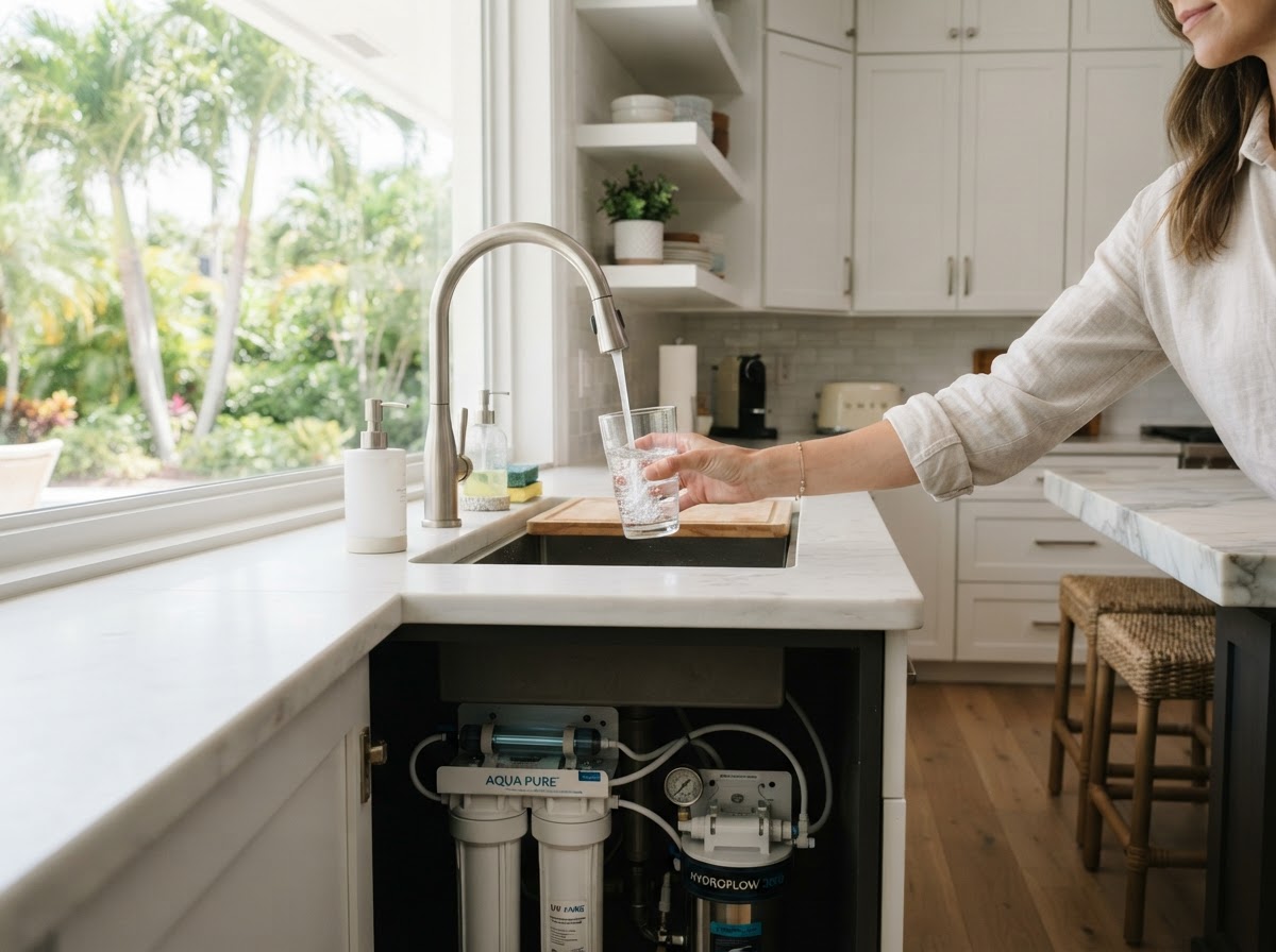 Clean modern residential kitchen faucet with clear fresh water