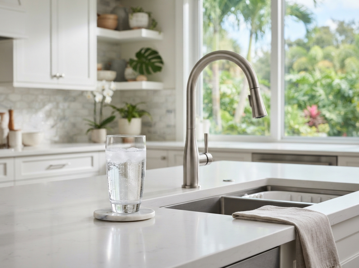 Clean glass of clear water next to a modern kitchen faucet for drinking water