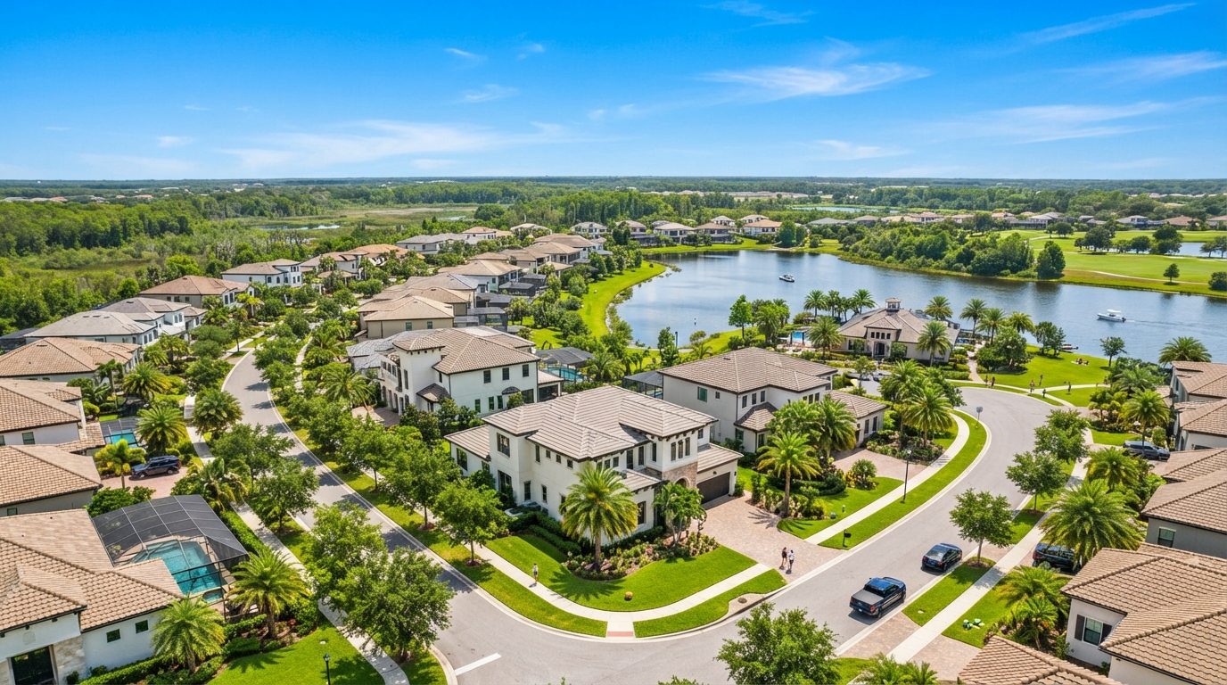 Aerial view of a sunny Central Florida residential neighborhood