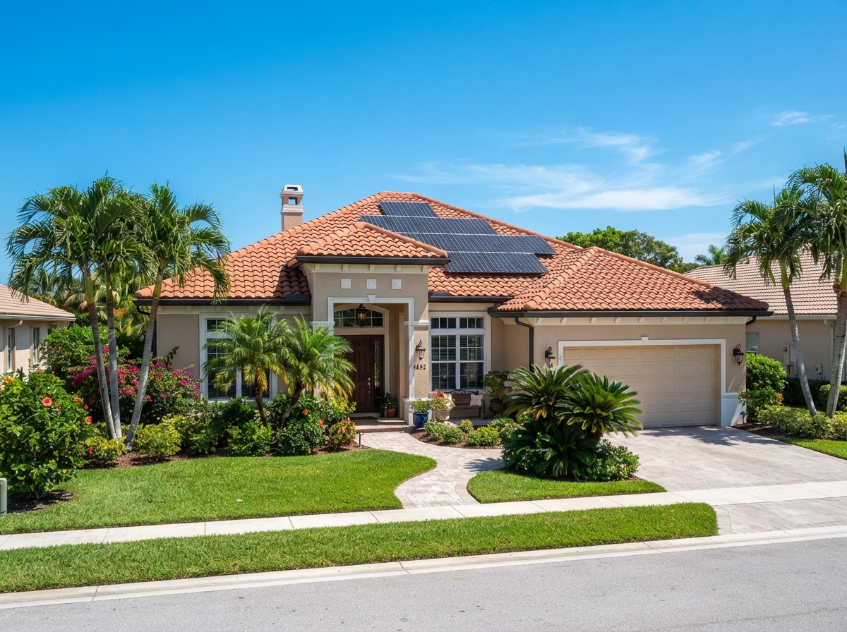Florida home with rooftop solar panels under bright sunlight