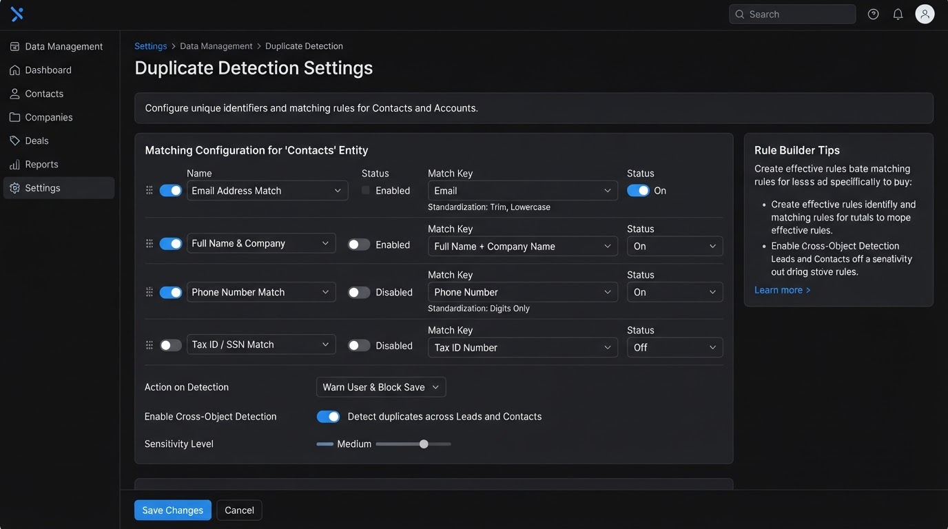 CRM duplicate detection settings showing the unique identifier field used to match contacts