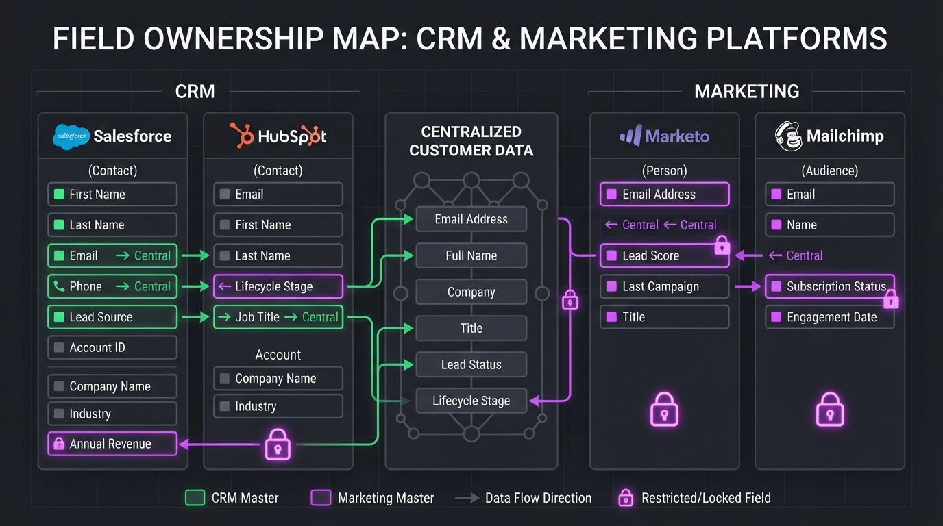 Field ownership map showing which system writes each CRM field and which fields are locked