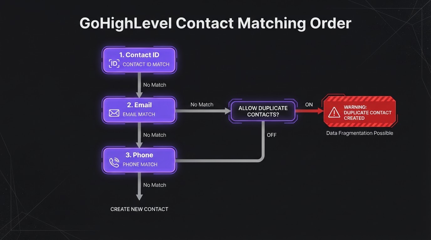 Decision tree of GoHighLevel's contact matching order during CRM import