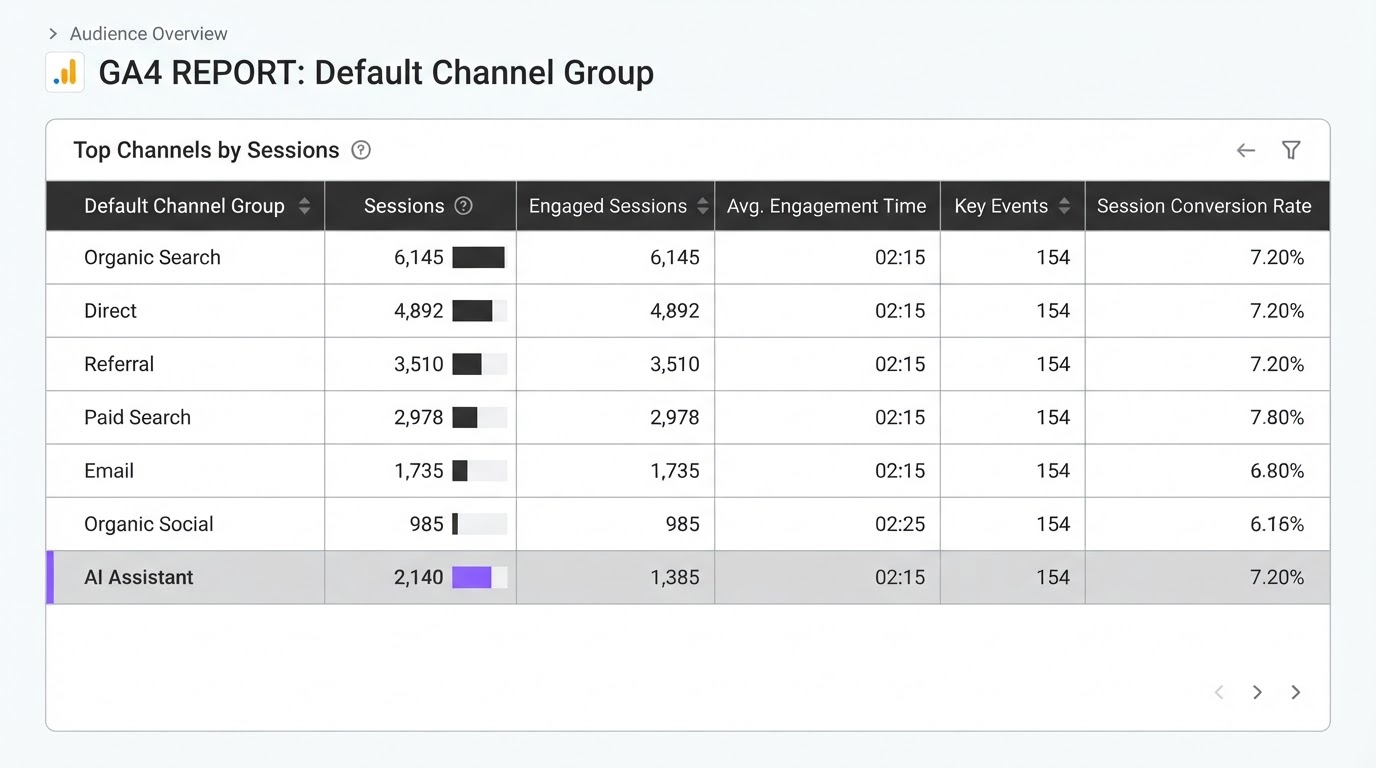 Google Analytics 4 default channel report showing the new AI Assistant channel row