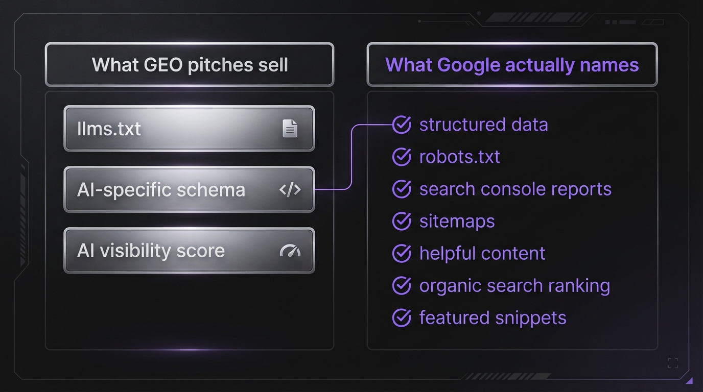 Comparison chart of GEO retainer pitches against Google's named AI Overview requirements