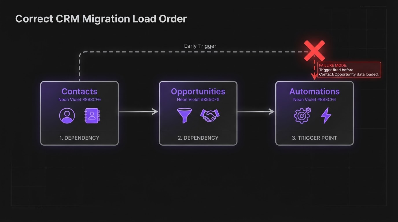 Workflow map showing the correct load order for contacts, opportunities, and automations