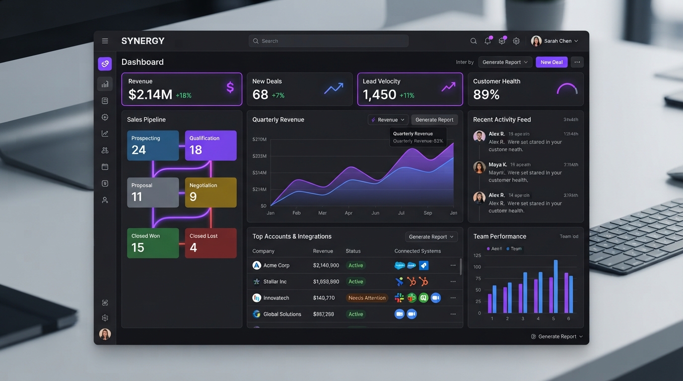 CRM dashboard interface showing connected business systems with pipeline cards and analytics