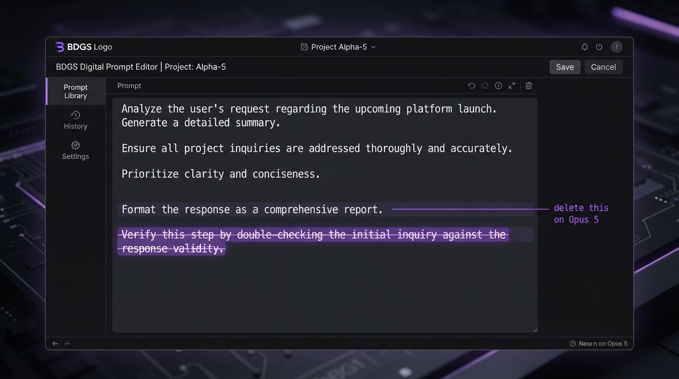 Prompt with a verification instruction highlighted for deletion on Claude Opus 5