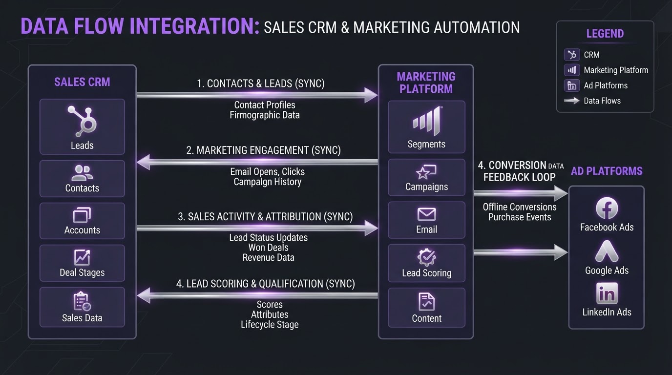 Diagram showing four data flows between a CRM and marketing platform, including conversions back to ad platforms