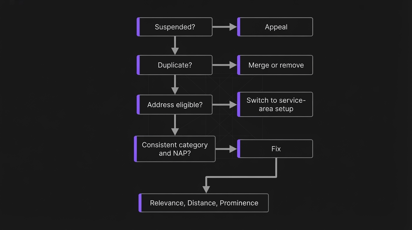 Flowchart showing the order to check a Google Business Profile that stopped appearing