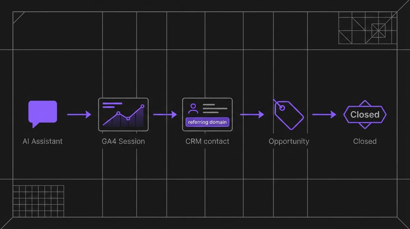Diagram showing an AI assistant visit flowing from GA4 into a CRM tag and a closed deal