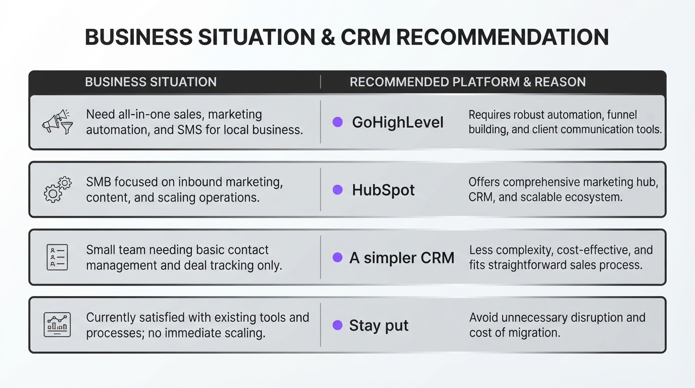 Chart comparing when to choose GoHighLevel, HubSpot, a simpler CRM, or staying on the current tool