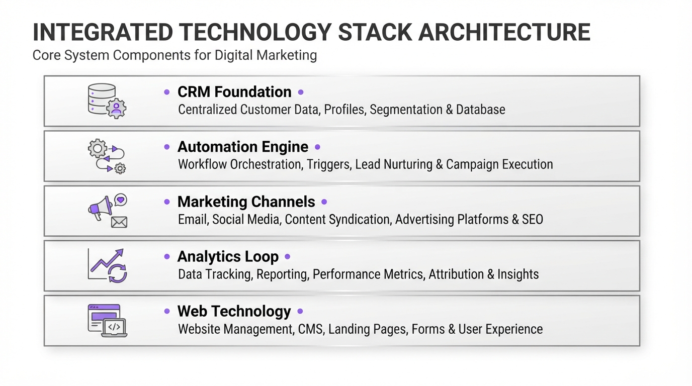 Infographic showing five horizontal technology layers stacked vertically in a connected growth system