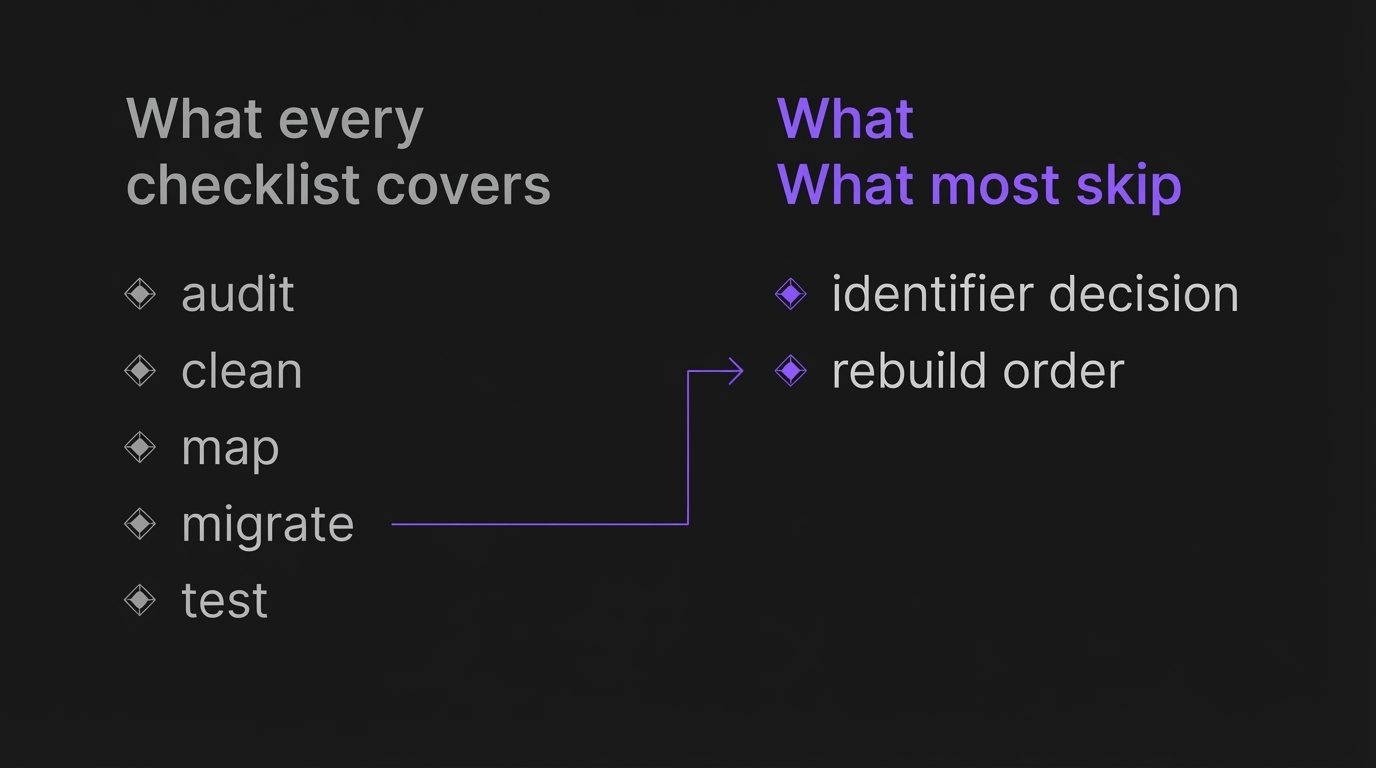Diagram comparing standard CRM migration steps to the two decisions most checklists skip
