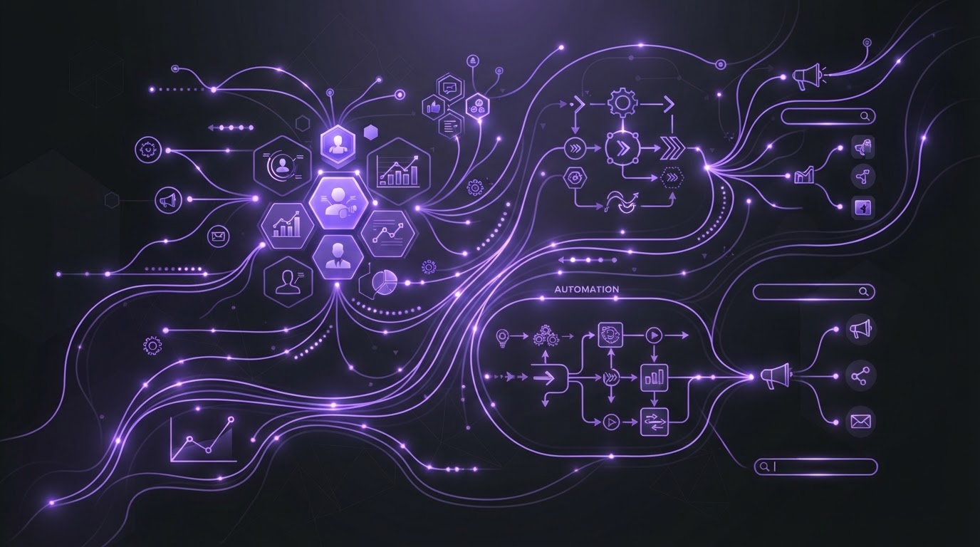 Connected growth system illustration showing CRM, automation, marketing channels, and data linked together