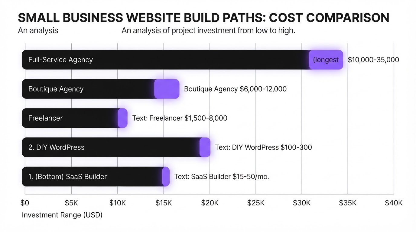 Bar chart comparing small business website build costs from DIY to full agency in 2026