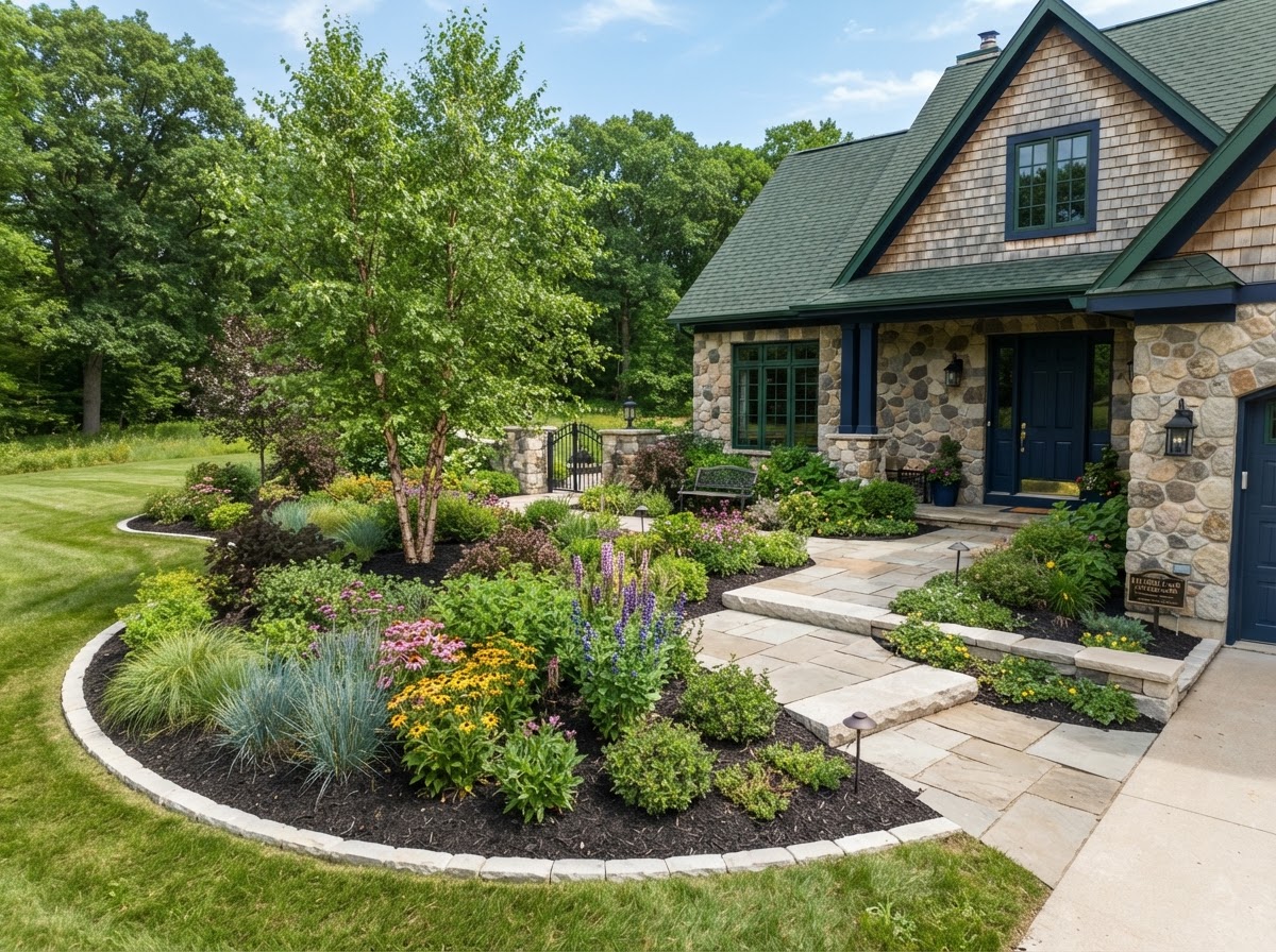 Landscaped garden beds with shrubs and stone edging in Wisconsin