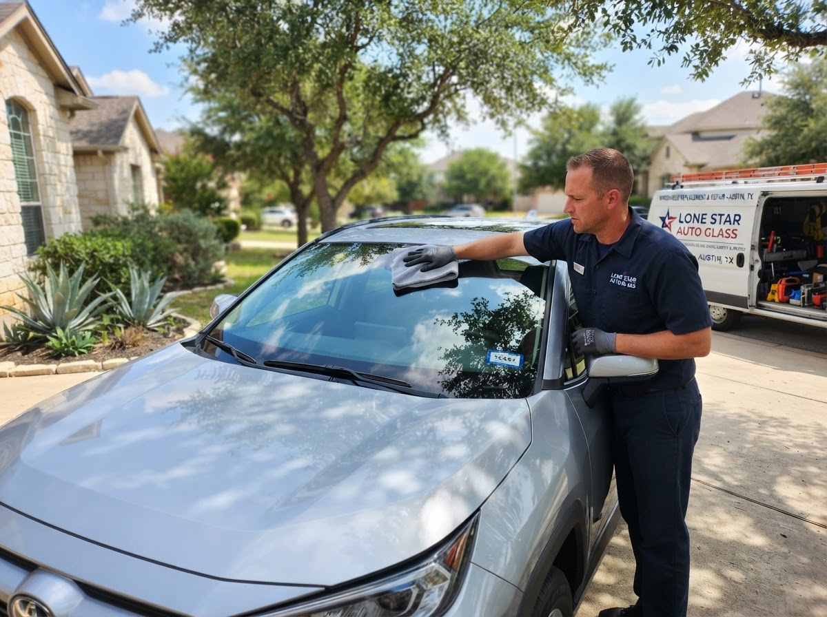 Newly installed windshield on SUV with perfect clarity