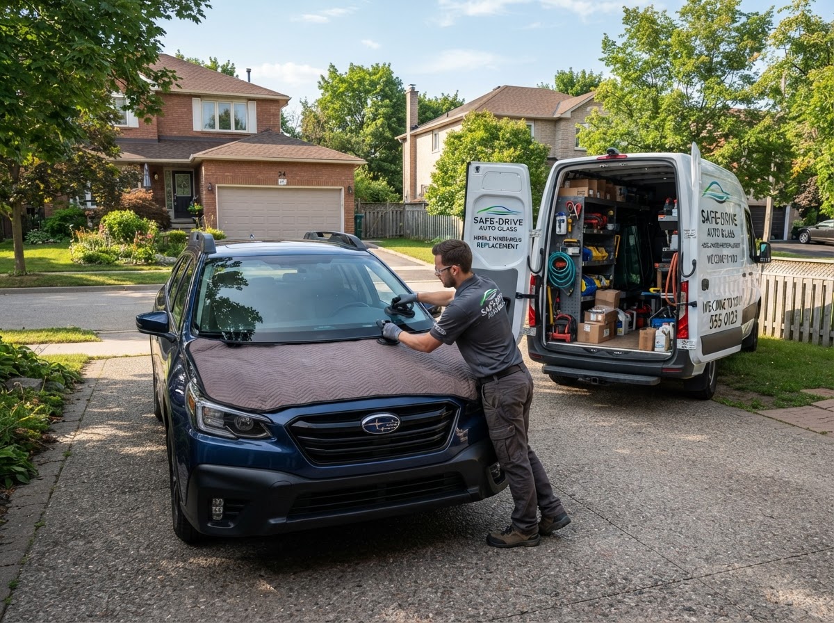 Mobile windshield service van at a customer home