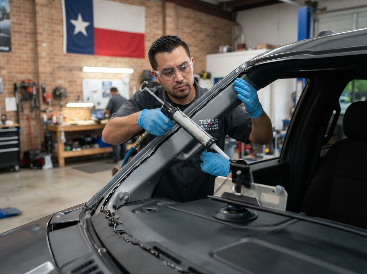 Technician installing new windshield with precision adhesive