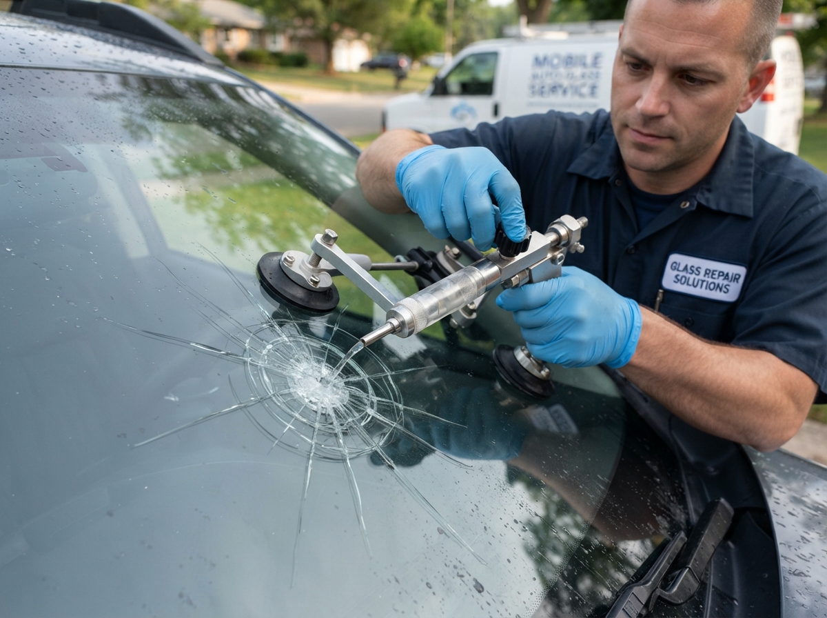 Windshield chip repair close-up showing crack being filled