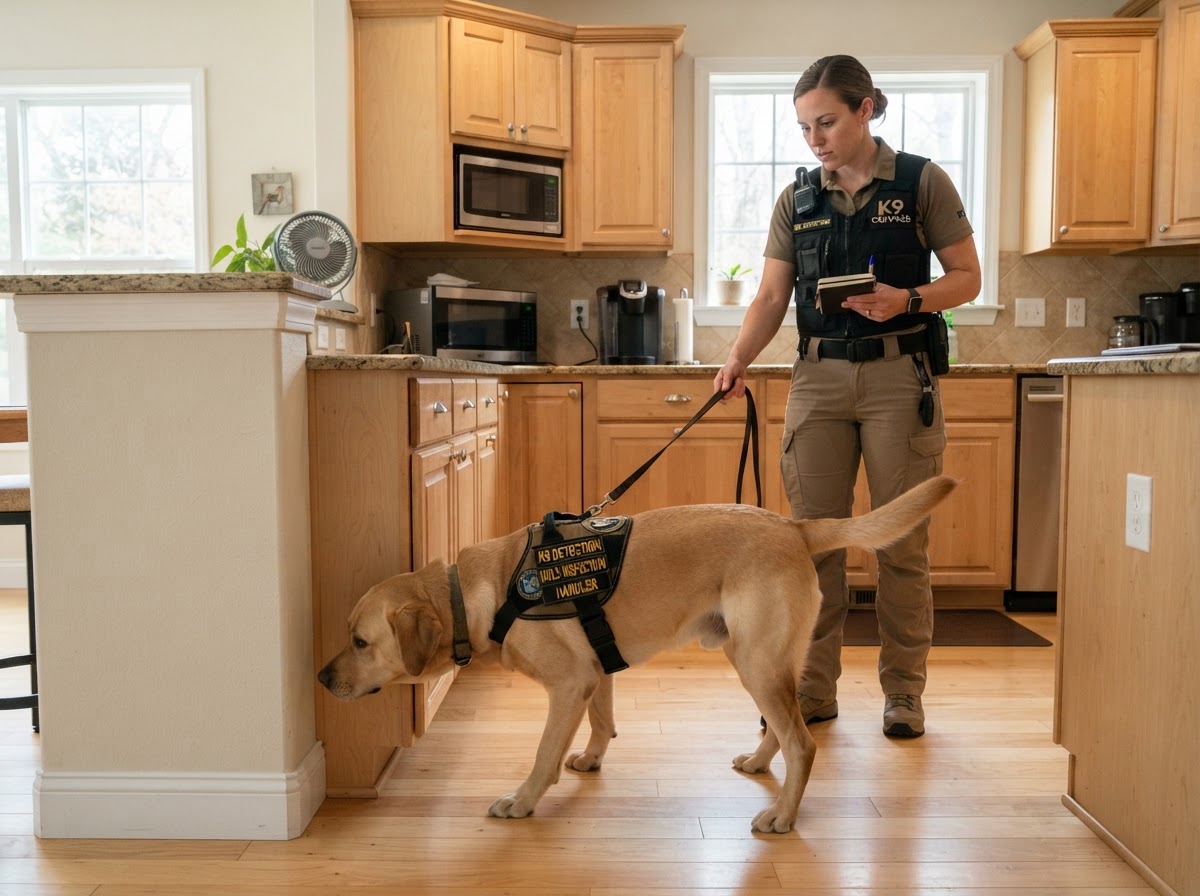 A detection dog working a room with a handler during a canine mold inspection