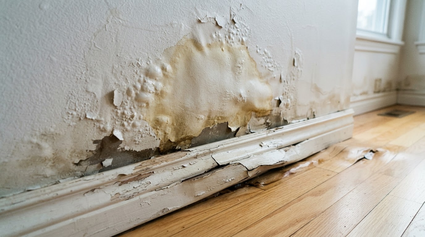 Water staining and warped baseboard in a home after a plumbing leak, a sign of hidden moisture and potential mold growth