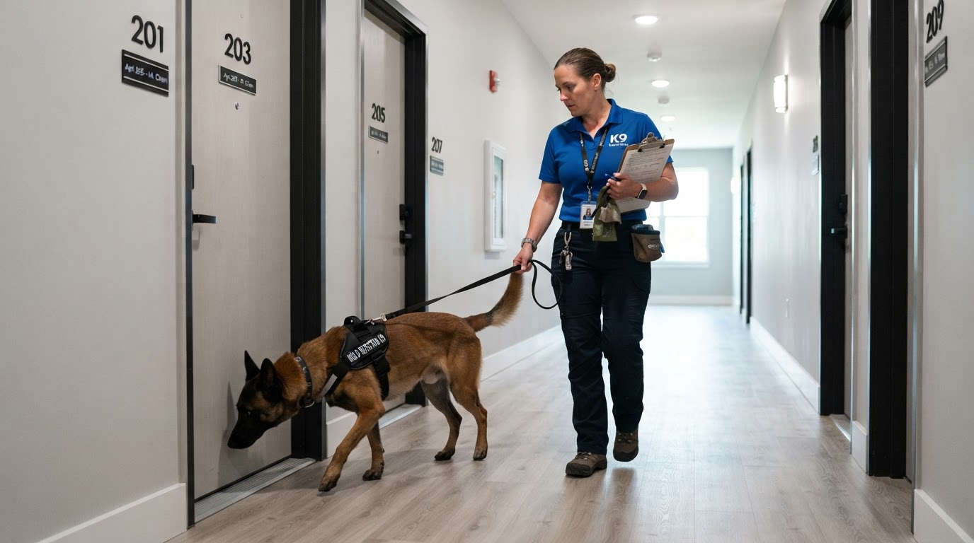 A detection dog working a multi-tenant apartment hallway during a routine mold inspection, handler visible holding a clipboard