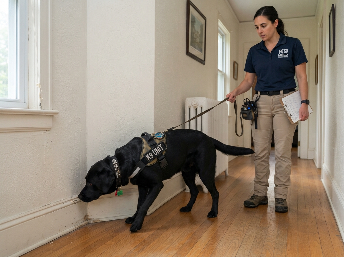 A trained detection dog sniffing along baseboards with a handler during a K9 mold inspection
