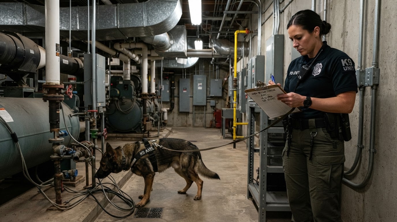 A K9 handler documenting an alert location on a clipboard while a detection dog works a commercial mechanical room with HVAC ductwork