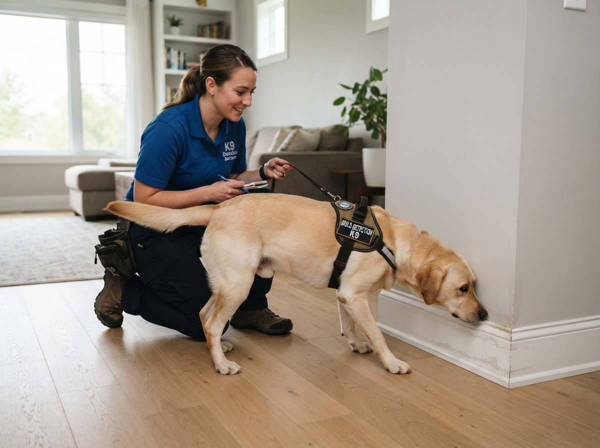 Canine mold detection dog inspecting modern interior
