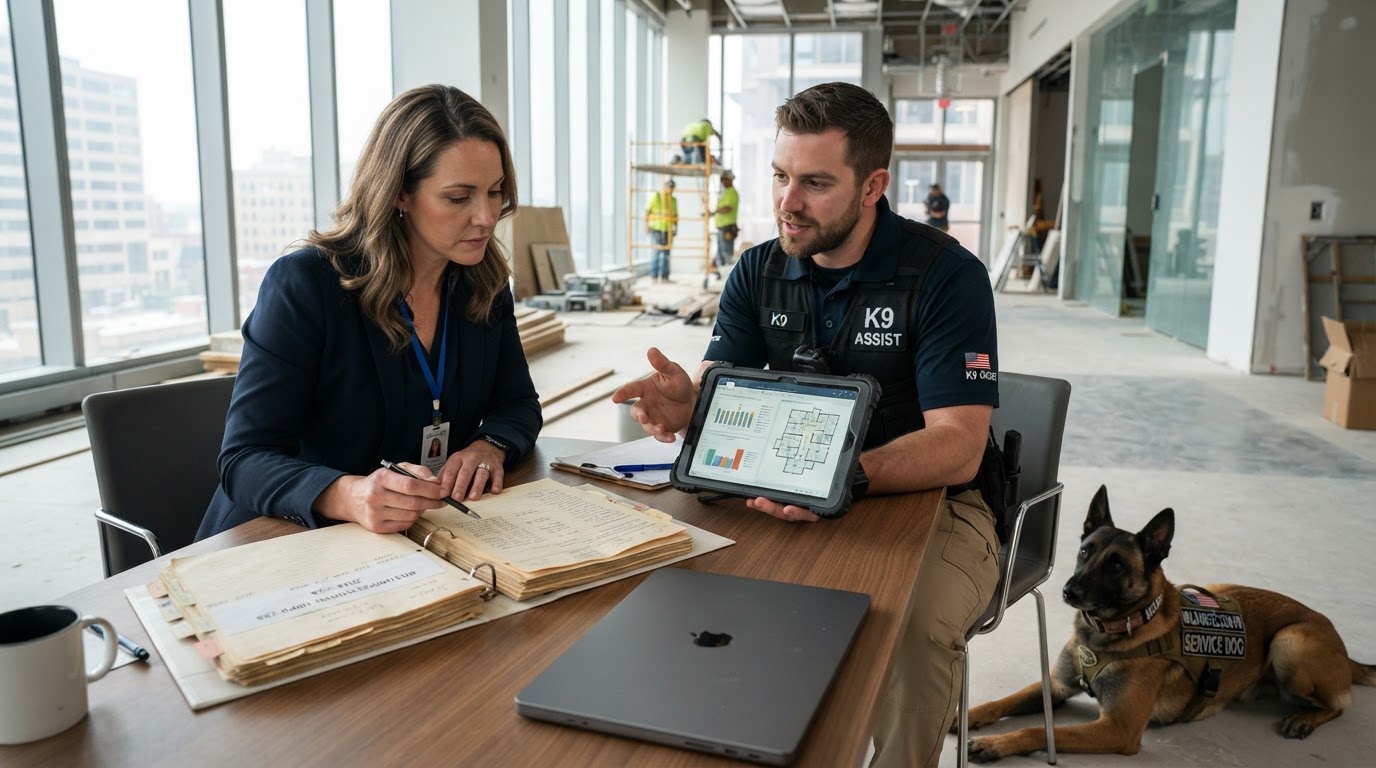 A property manager reviewing a dated series of mold inspection reports with a K9 handler on site at a commercial building