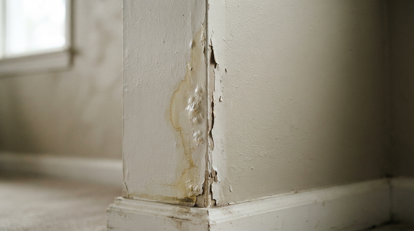 Water staining and peeling paint on an interior wall, a sign of hidden moisture and potential mold growth