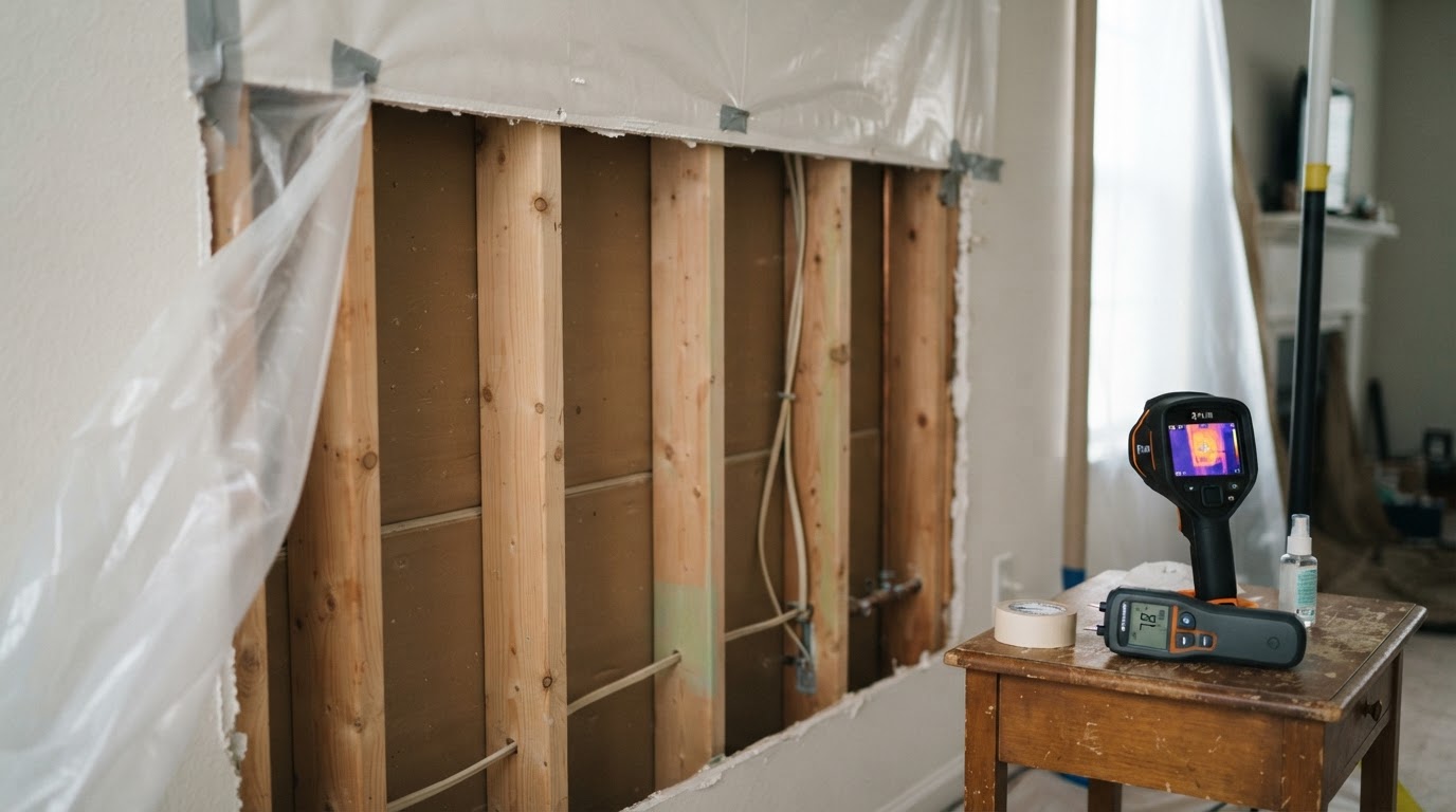 An open wall cavity with exposed wood framing after mold remediation, with containment plastic partially removed