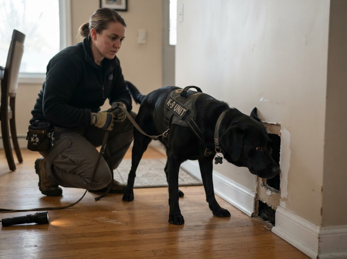 A detection dog alerting at a wall cavity opening during a canine mold inspection, handler crouched nearby observing alert behavior