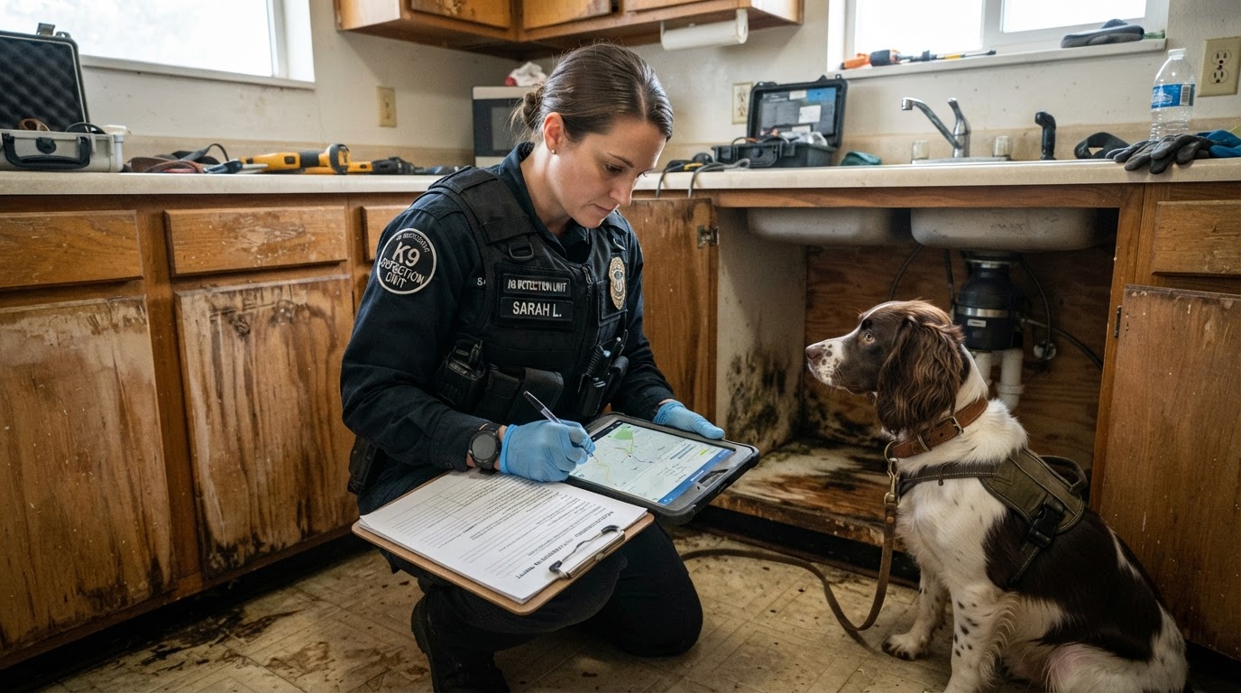 A detection dog handler documenting an alert location with a clipboard and tablet near an under-sink cabinet