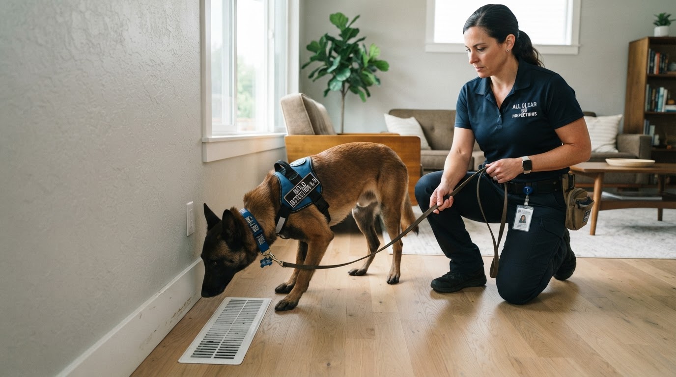 A trained detection dog sniffing along a baseboard near an HVAC return vent during a mold inspection, with handler visible in frame