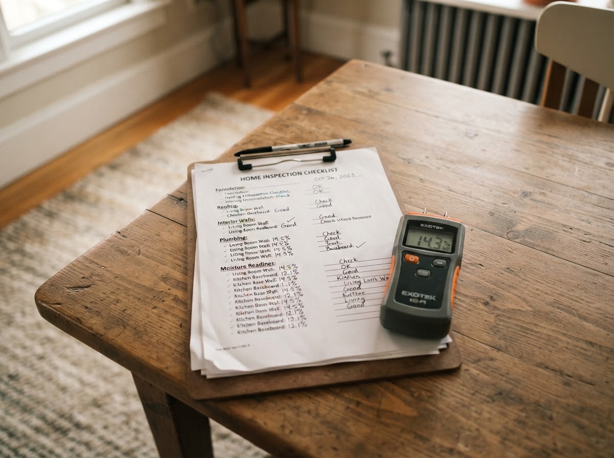 An inspection clipboard with checklist and moisture meter tool on a table