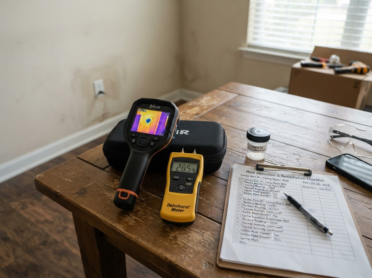 A moisture meter and thermal imaging camera used to verify a canine alert location
