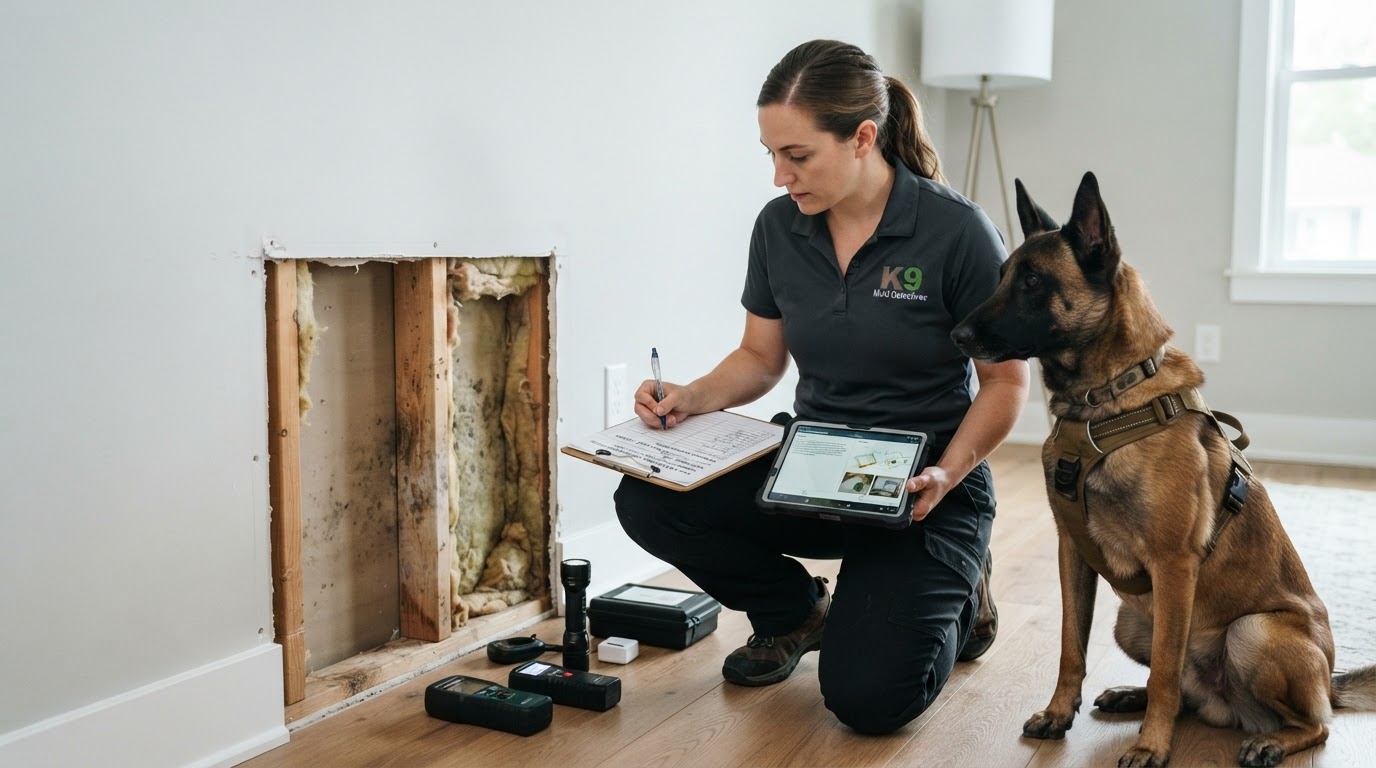 A handler documenting an alert location with a clipboard and tablet near an open wall cavity during a canine mold inspection