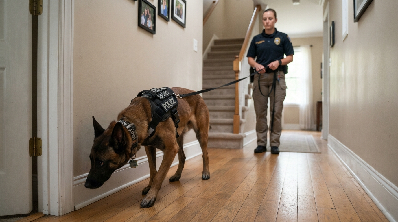 A trained detection dog sniffing along baseboards with a handler during a K9 mold inspection