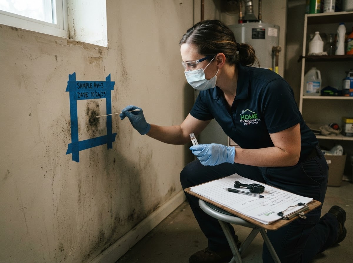 A mold inspection handler collecting a surface sample with a swab at a marked alert location, documenting findings on a clipboard