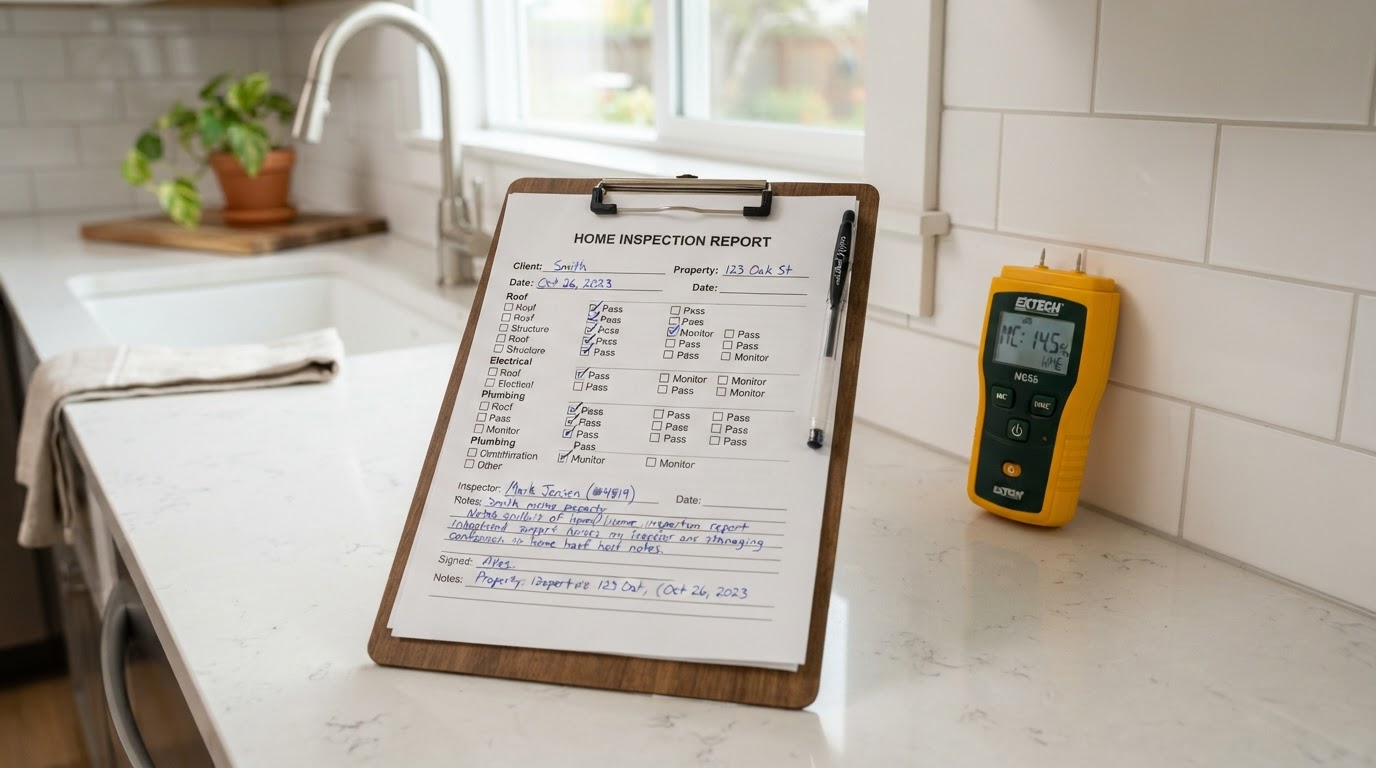 A written inspection report on a clipboard with a moisture meter tool, documenting verification findings