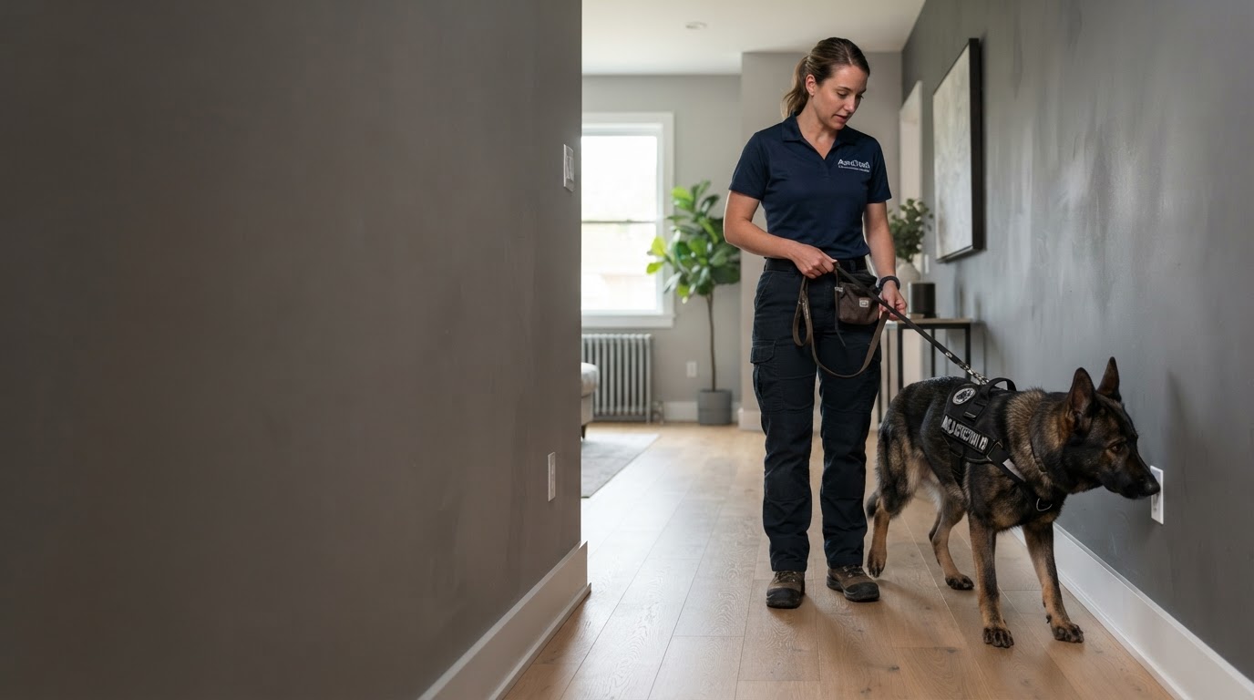 Certified mold detection dog with handler inspecting a wall for hidden mold