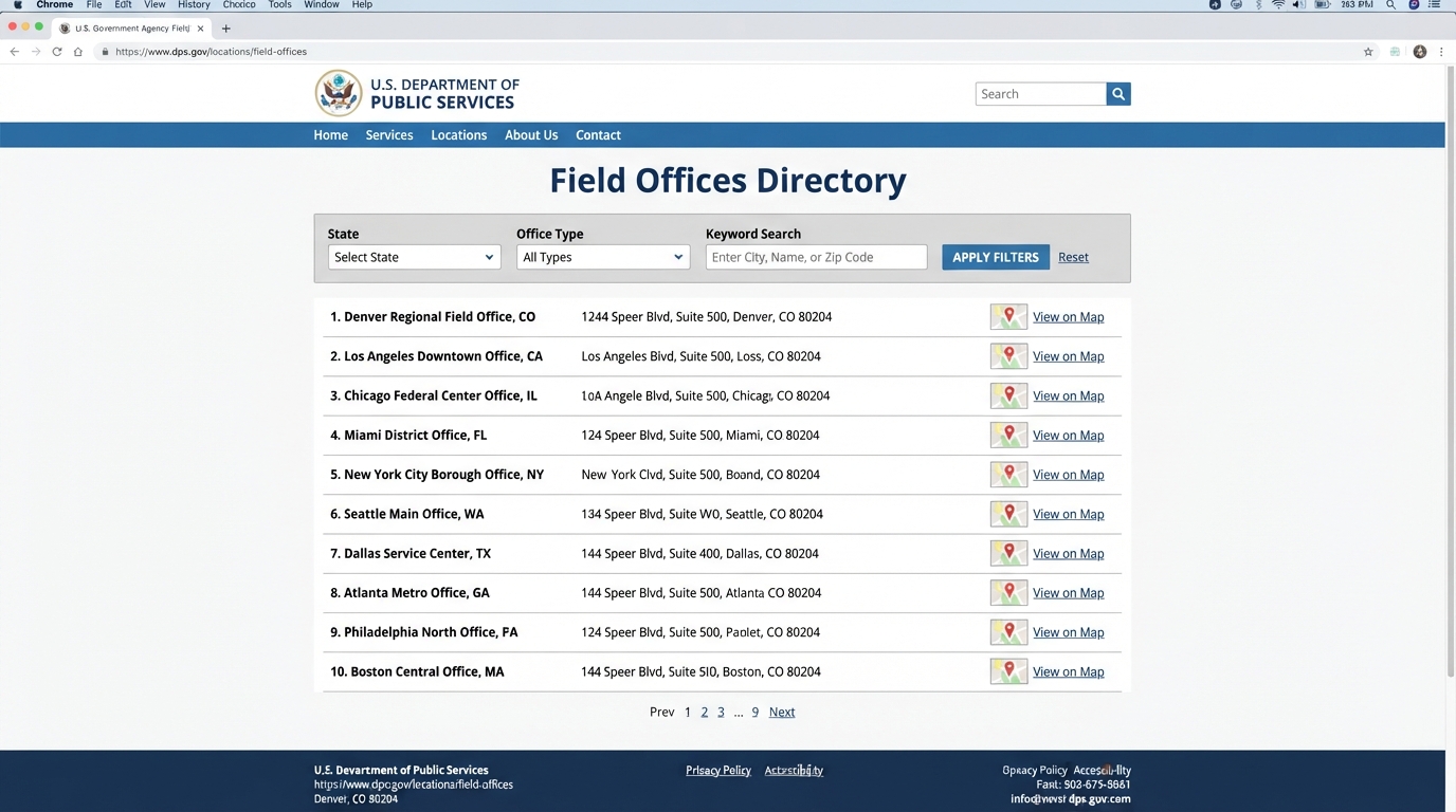 Official ICE Field Offices directory showing state, office type and keyword filters