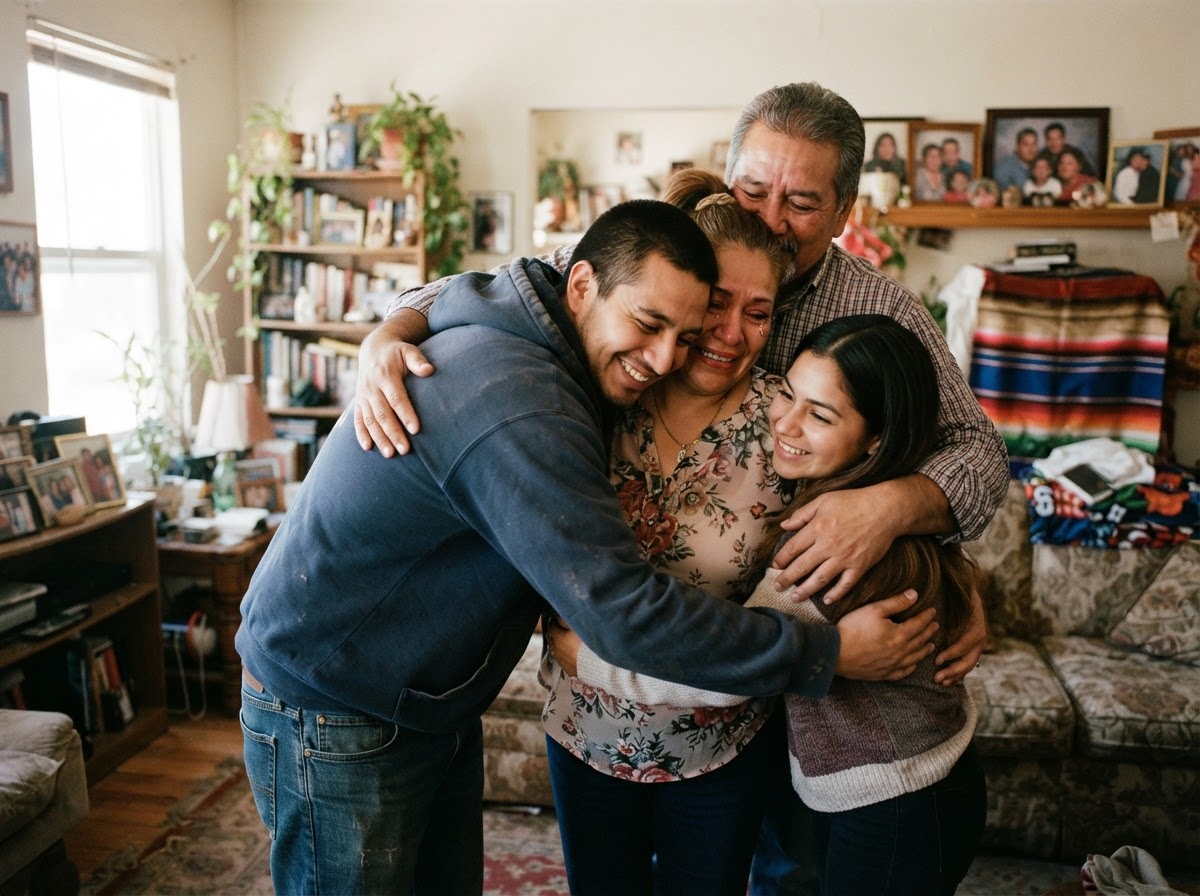 Familia abrazando a su hijo mayor en muestra de apoyo y protección